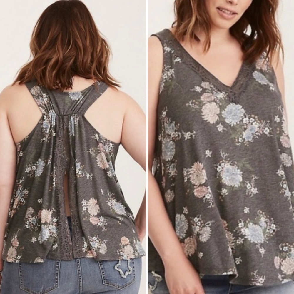 Torrid 🌸 Floral Print Lace Trim Split Back Tank